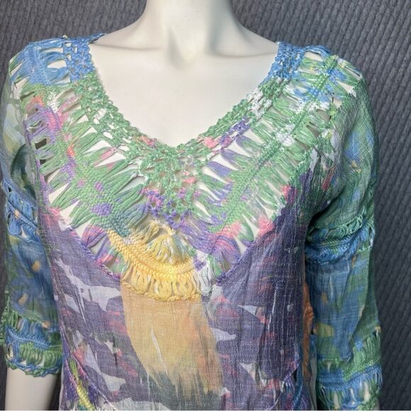 RAIN Crochet Multi-colored Tunic Top Size Small Bohemian Spring 3/4 Sleeve - Picture 11 of 11